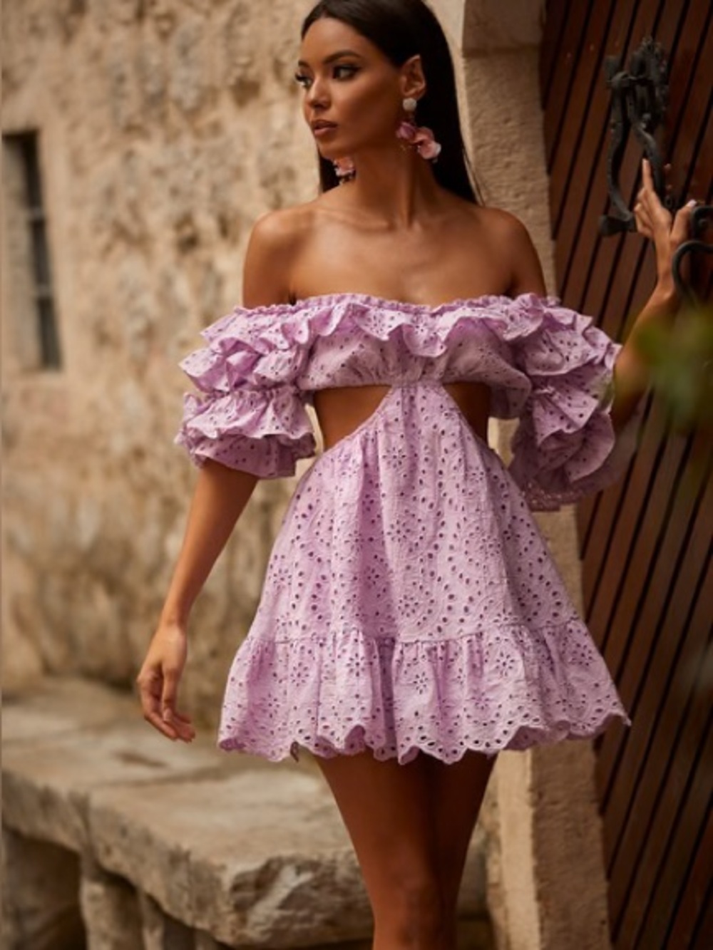 Alamour The Label Roselle Dress Side Cutouts Eyelet Lace Sz Medium Purple